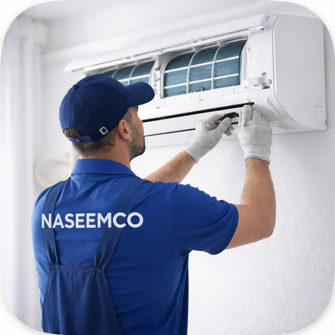 فني نسيمكو للتكييف أثناء فك وتركيب مكيفات سبليت داخل الرياض