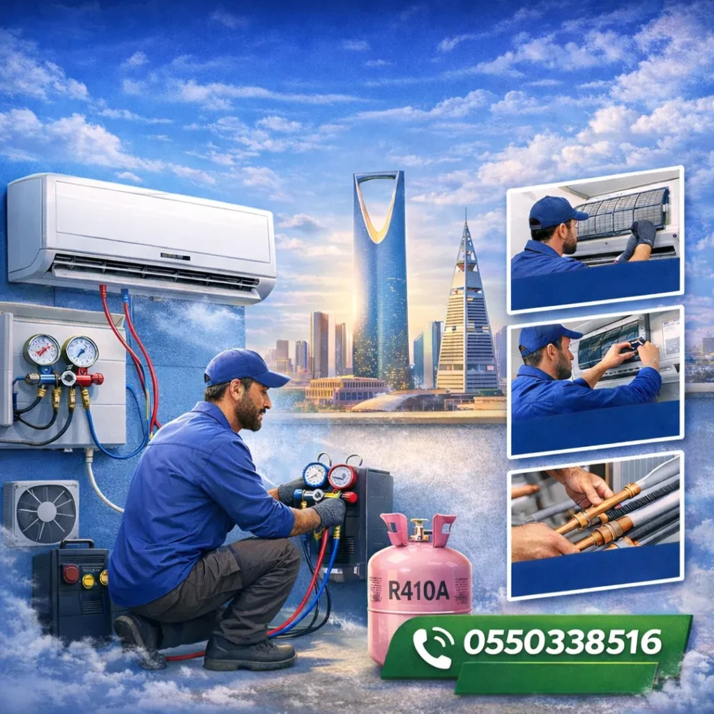 تعبئة فريون مكيف سبليت بالرياض مع فحص تسريب وضبط التبريد