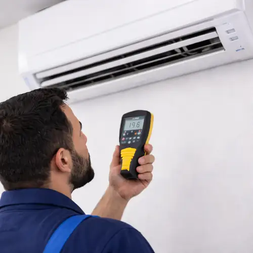 فني تكييف يفحص أداء مكيف سبليت ويقيس درجة الحرارة بعد التشغيل داخل الرياض