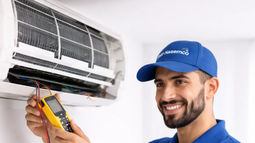 فني مكيفات بالرياض من نسيمكو للتكييف يفحص مكيف سبليت ويقدم صيانة مكيفات وتصليح مكيفات