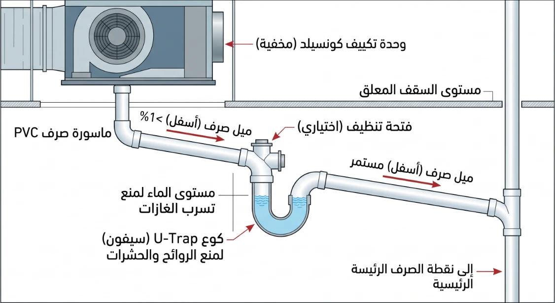 طريقة تركيب مكيف كونسيلد 2 كوع U-Trap في ماسورة صرف مكيف كونسيلد